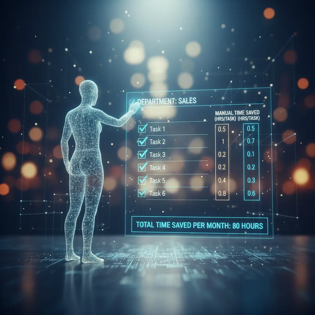 Futuristic wireframe figure interacting with a sales department dashboard showing time saved through automation