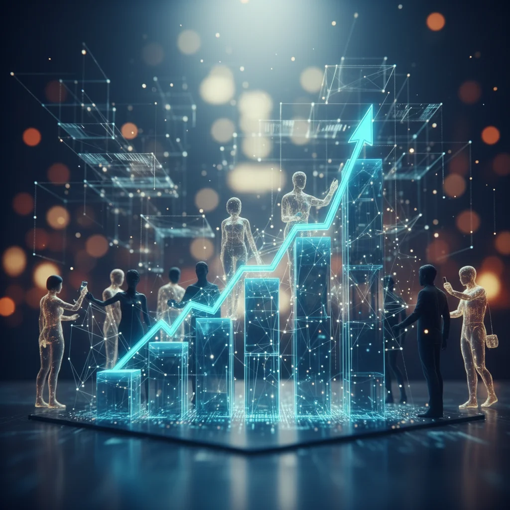 Futuristic digital growth chart with holographic figures representing AI-powered business growth
